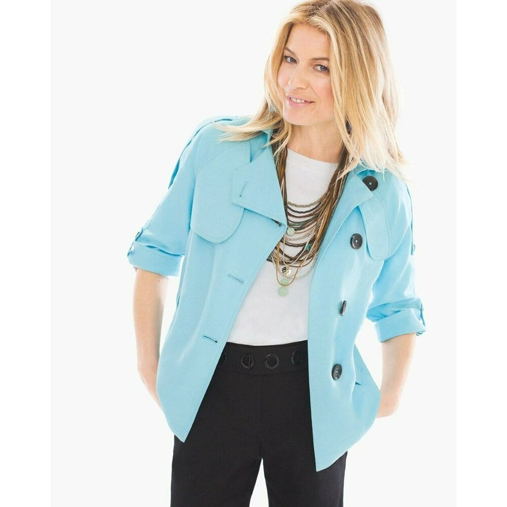 Chicos Womens Size 3 Cropped Linen Trench Jacket Light Blue Adjustable Sleeves - Picture 12 of 13